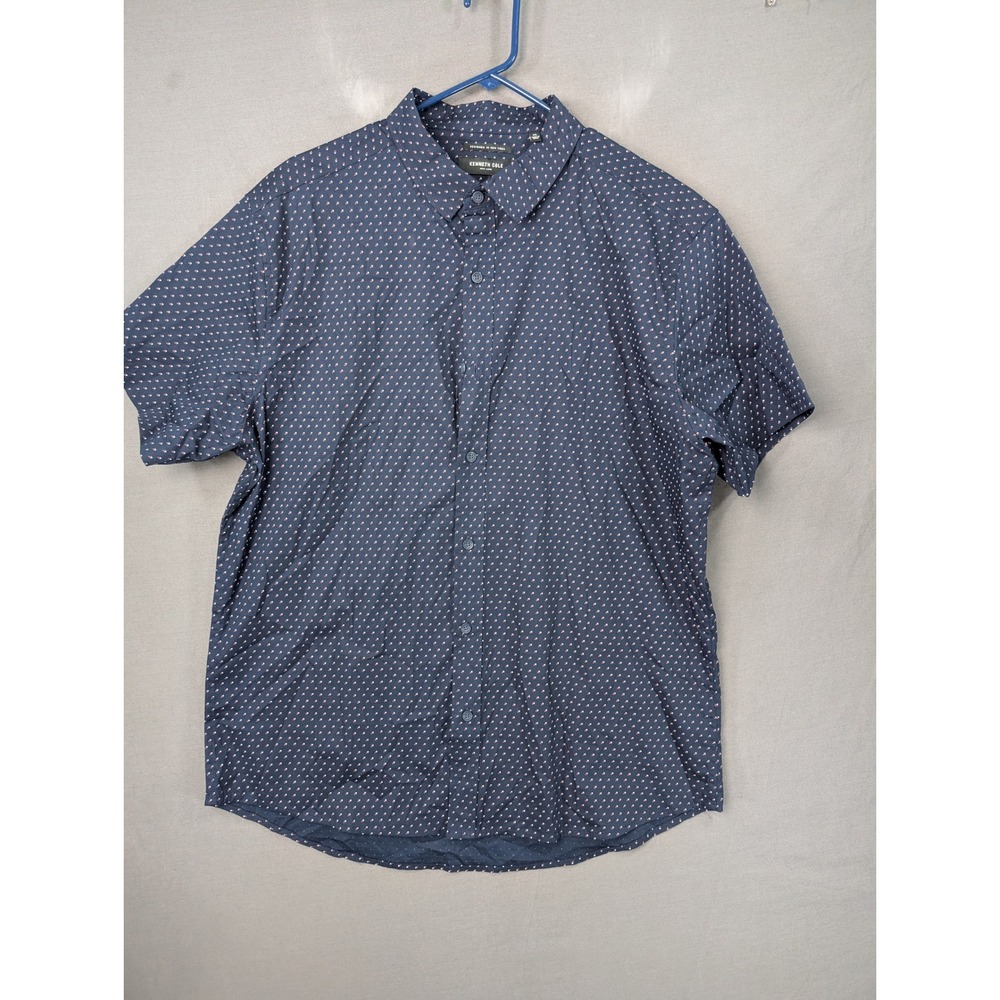 Kenneth Cole Mens Short Sleeve Button Down Shirt Navy Blue Geometric Print XL